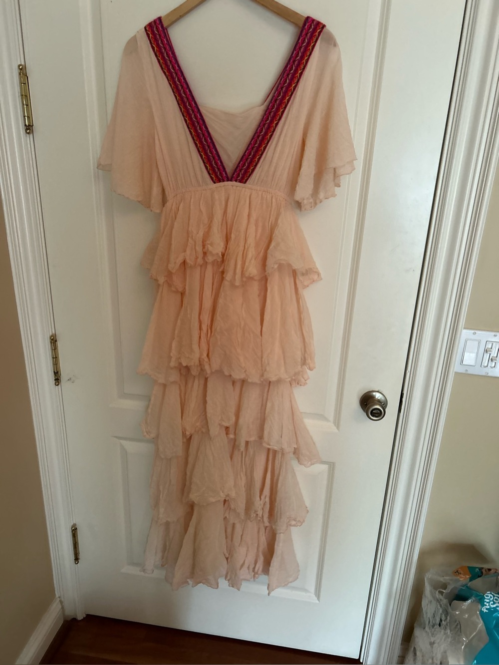 Pitusa Peach Tiered Maxi Dress with Pink Embroidered V